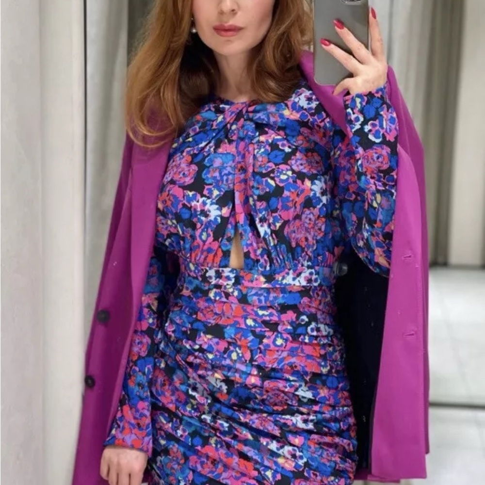 Floral Long Sleeve Dress with Purple Coat